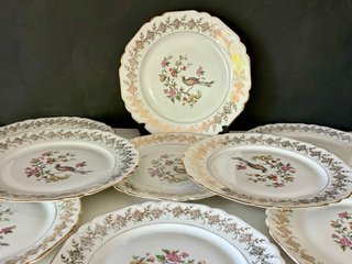 🇫🇷 9 Platos Llanos Porcelana Ave Paraíso
