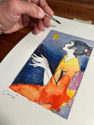 DIBUJO ACUARELA GEISHA MARIPOSA JAPÓN