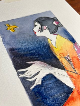 DIBUJO ACUARELA GEISHA MARIPOSA JAPÓN
