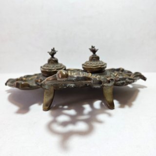 Antico Calamaio Doppio in Bronzo Patinato XIX Sec.