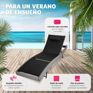 Tumbona de ratán ajustable en 6 posiciones y cojín extraíble gris