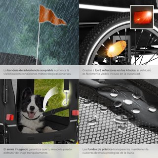 Remolque para perros incluye reflectores, correa y banderita negro