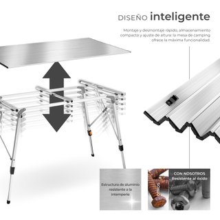 Mesa plegable de aluminio ajustable en altura, plateado