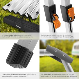 Mesa plegable de aluminio ajustable en altura, plateado