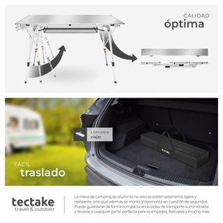 Mesa plegable de aluminio ajustable en altura, plateado