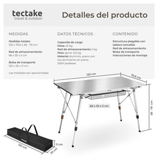 Mesa plegable de aluminio ajustable en altura, plateado