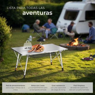 Mesa plegable de aluminio ajustable en altura, plateado