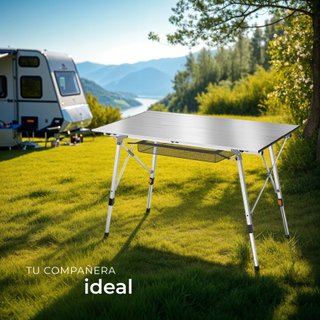 Mesa plegable de aluminio ajustable en altura, plateado