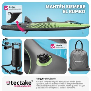 Kayak doble hinchable juego completo y bolsa de transporte, verde