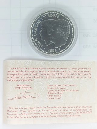 Moneda 10€ Menorca 2002 Bicentenario