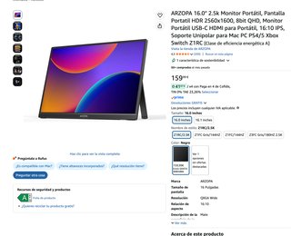 ARZOPA Z1RC 16 2.5k Monitor Portátil