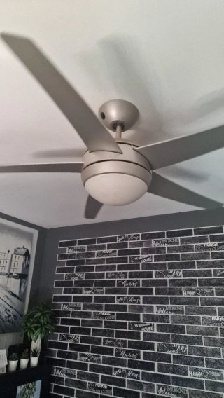 Ventilador de techo plateado y blanco