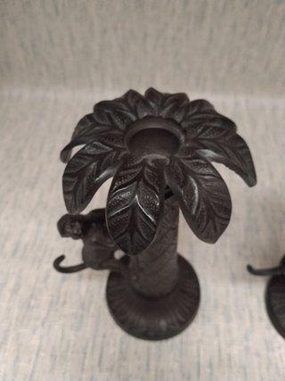 Pareja Candelabros Vintage Bronce Palmeras Monos