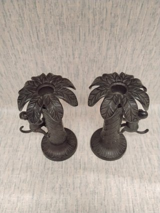 Pareja Candelabros Vintage Bronce Palmeras Monos