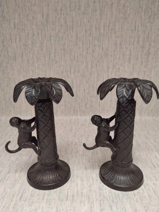 Pareja Candelabros Vintage Bronce Palmeras Monos