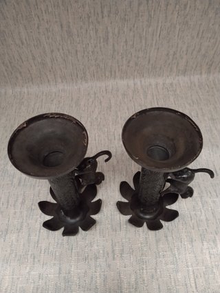 Pareja Candelabros Vintage Bronce Palmeras Monos