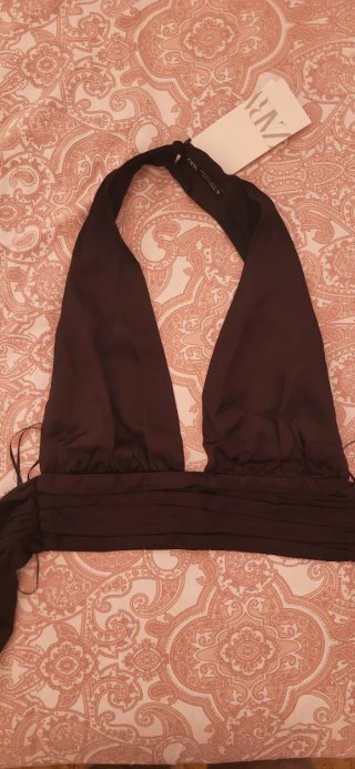 Top Zara Satén Halter Negro
