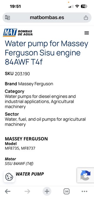 Bomba de agua Massey Ferguson MF8735, MF8737