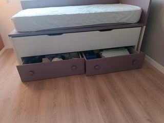 Cama nido doble, con dos cajones morado y blanco