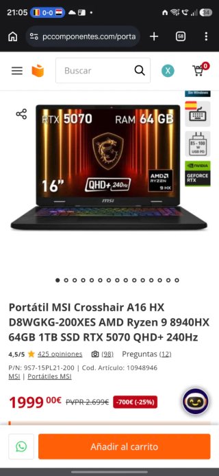 Portátil MSI Crosshair A16 HX RTX 5070
