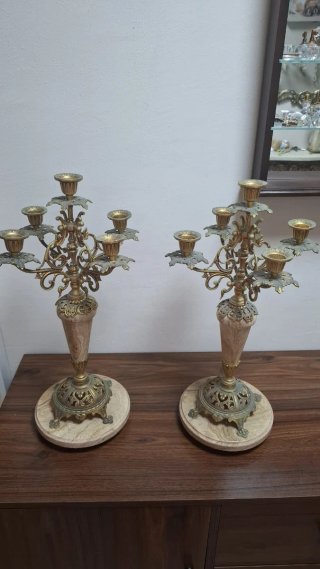 Juego Candelabros Bronce y Mármol Antiguos