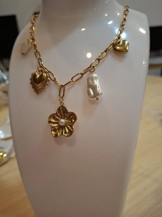 Collar Acero Inoxidable Corazón Flor Perla