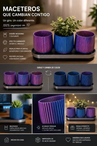 Conjunto 3 Macetas 3D Color Cambiante, con bandeja
