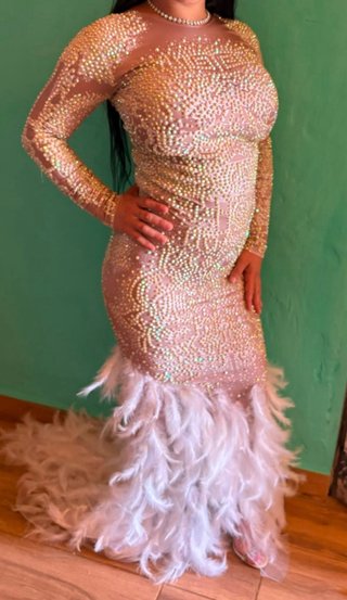 Vestido largo con pedrería y plumas