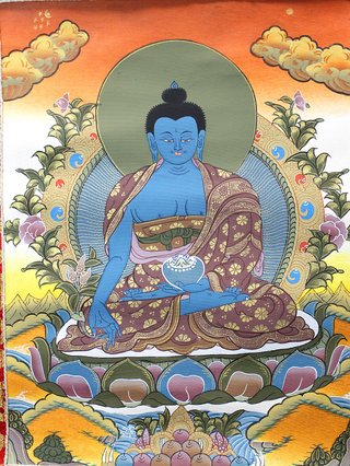04. Thangka de Nepal. Buda Sangye Mela, Buda de la Medicina, Bhaiṣajyaguru.