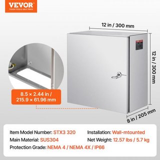 Caja de acero inoxidable NEMA, 300 x 300 x 200 mm, caja eléctrica NEMA 4X, impermeable y a prueba de polvo IP66, caja de conexión eléctrica para interiores/exteriores, con placa de montaje