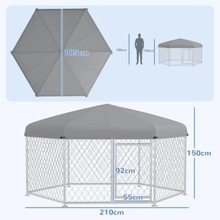 Recinto per Cani di Grandi Dimensioni, Box Hexagonale con Tetto in Tela Oxford Anti UV 2.1X1.85X1.5M, Argento e Grigio