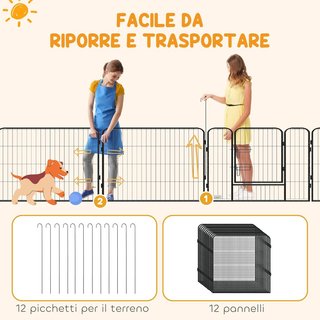 Recinto per Cani di Piccola Taglia con 12 Pannelli Modulari da 80X1.5X80 Cm, Box Pieghevole per Cani con Porta in Acciaio e 12 Pali, Grigio