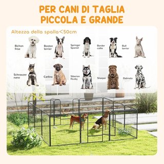 Recinto per Cani di Piccola Taglia con 12 Pannelli Modulari da 80X1.5X80 Cm, Box Pieghevole per Cani con Porta in Acciaio e 12 Pali, Grigio
