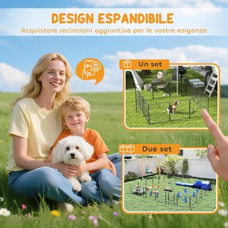 Recinto per Cani di Piccola Taglia con 12 Pannelli Modulari da 80X1.5X80 Cm, Box Pieghevole per Cani con Porta in Acciaio e 12 Pali, Grigio