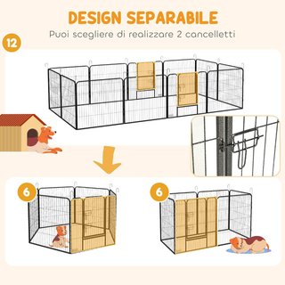 Recinto per Cani di Piccola Taglia con 12 Pannelli Modulari da 80X1.5X80 Cm, Box Pieghevole per Cani con Porta in Acciaio e 12 Pali, Grigio