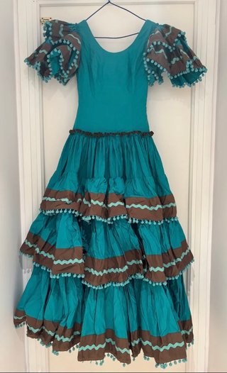 Traje Flamenca Verde Agua y Chocolate con piquillo