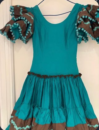 Traje Flamenca Verde Agua y Chocolate con piquillo