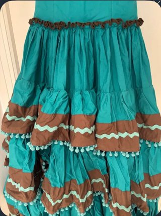 Traje Flamenca Verde Agua y Chocolate con piquillo