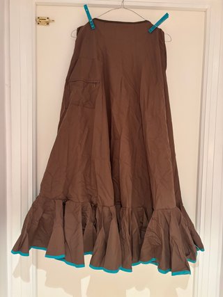 Traje Flamenca Verde Agua y Chocolate con piquillo