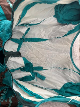 Traje Flamenca Verde Agua y Chocolate con piquillo