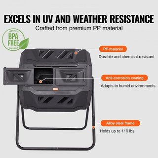 Bin de Compostaje, Tumbador de Compostaje de Doble Cámara de 162.8 L, Gran Composter Rotatorio con 2 Puertas Deslizantes y Estructura de Acero, Bin de Compostaje Libre de BPA para Jardín, Cocina, ...