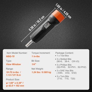 Juego de Llave de Torque con Mango de 1/4" | Rango de Ajuste de Torque de 10-70 in-lbs | Destornillador de Torque con Incremento de 1 in-lb | Juego de Puntas con Ventana de Visualización, 12 Punta...