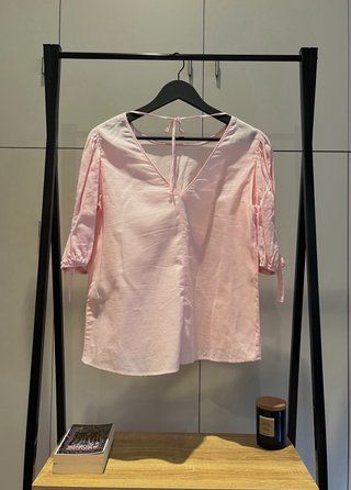 Blusa Zara rosa manga abullonada algodón y lino L