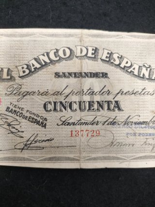 Billete cincuenta 50 Pesetas . 1936 Santander