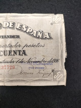 Billete cincuenta 50 Pesetas . 1936 Santander