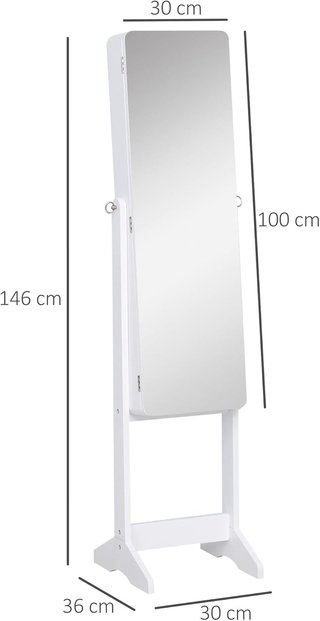 Armario Joyero con Espejo Regulable e Iluminación LED, Madera, Blanco, 30X146X36 Cm