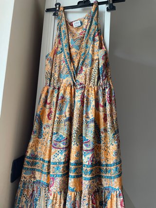 Abito lungo fantasia arancio azzurro, fucsia