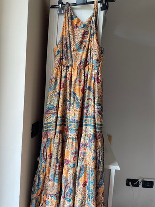 Abito lungo fantasia arancio azzurro, fucsia