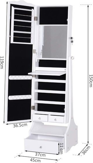 Armario de Joyas LED con Espejo y Base de Cajón Organizador de Joyas y Accesorios 45X36X150 Cm