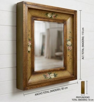 Espejo Madera Maciza Flores Pintadas Dorado